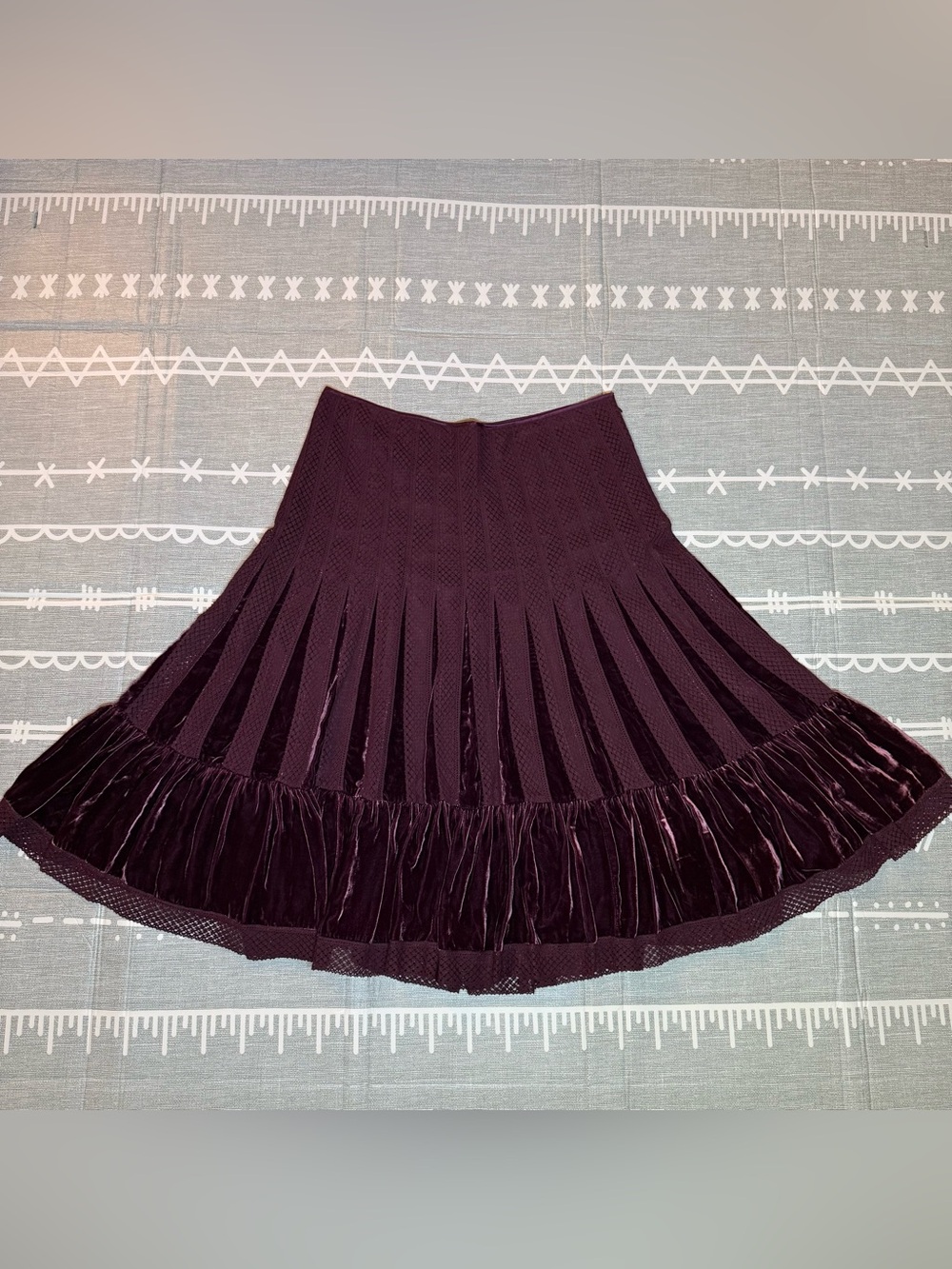 Vintage Free People Pleated Velvet-Hem Skater Skirt — Deep Plum